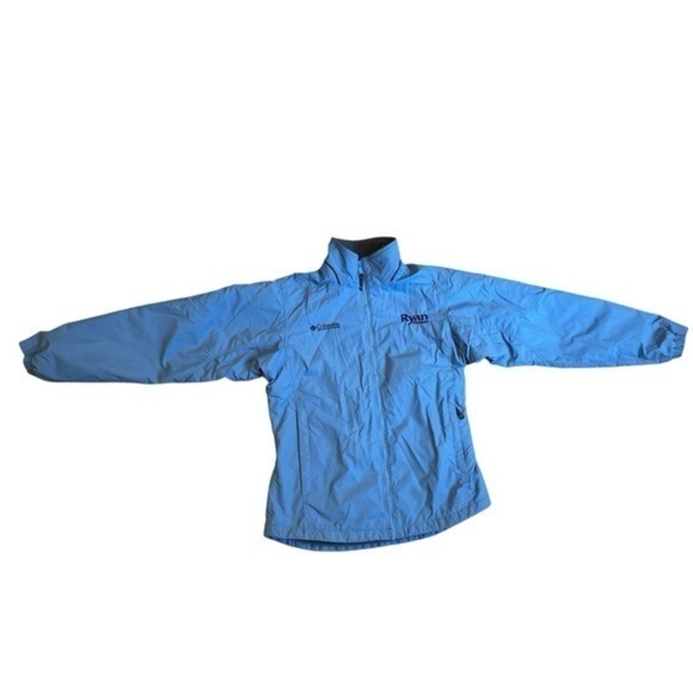 Columbia size small, fleece lined jacket, 3 zip pockets, blue and gray